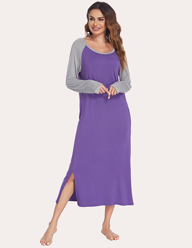 Purple long nightdress with gray contrast sleeves and asymmetrical side slit hem