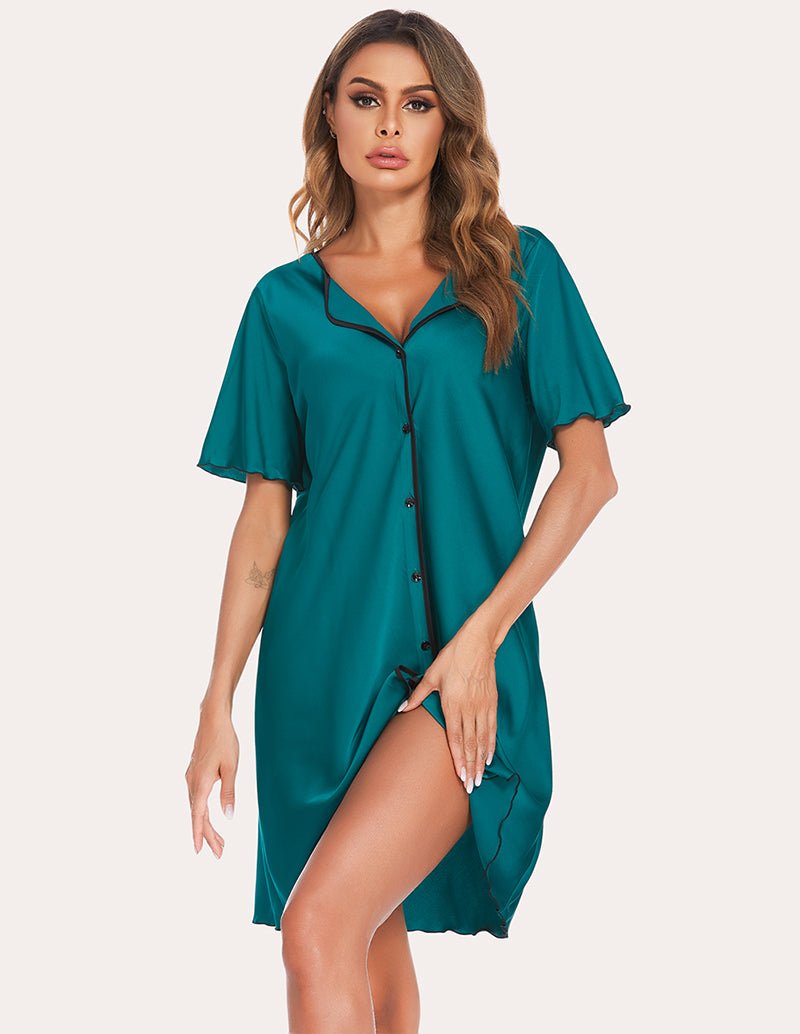 Emerald satin sleep dress with dark piping, V-neck, button-front, above-knee hem