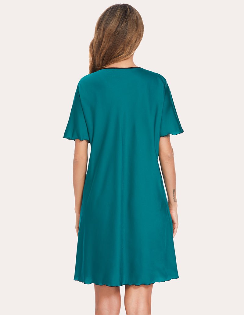 Emerald satin sleep dress back view with short sleeves and button-front placket