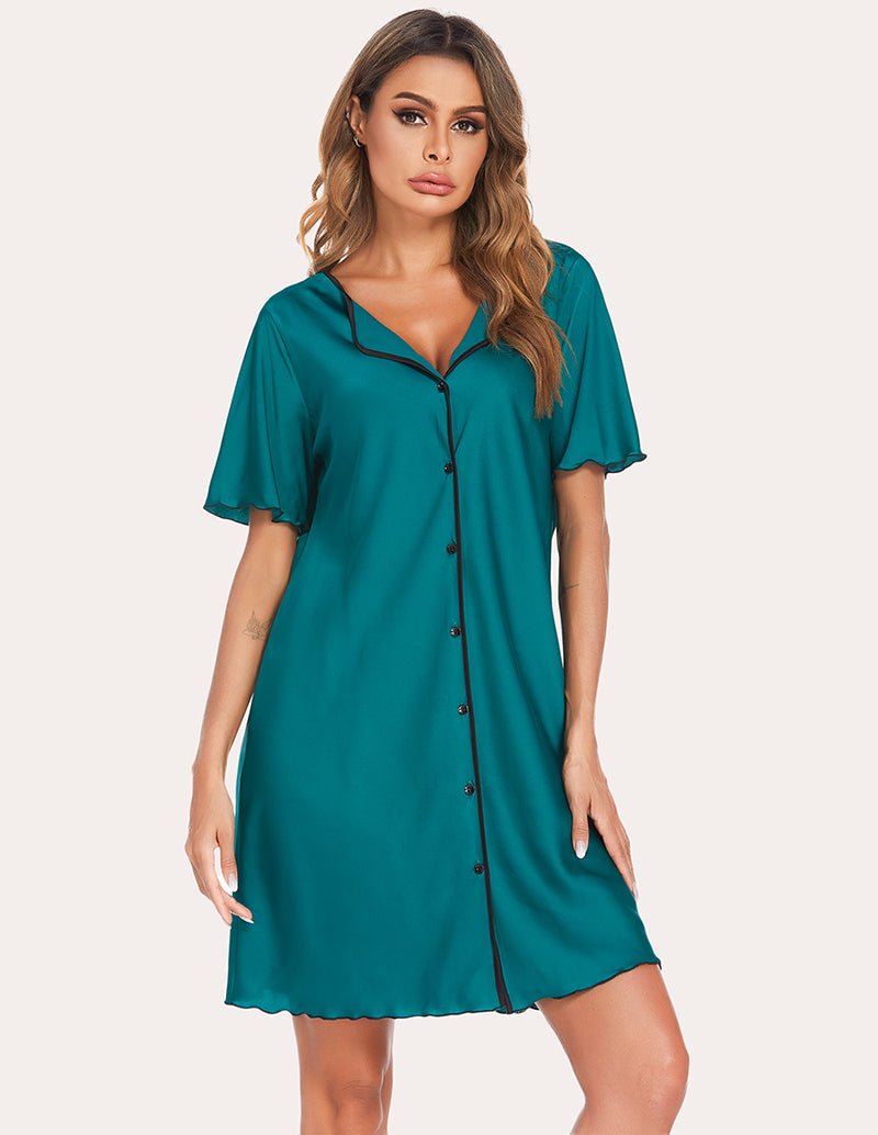 Emerald satin sleep dress with dark piping, V-neck, button-front, short sleeves