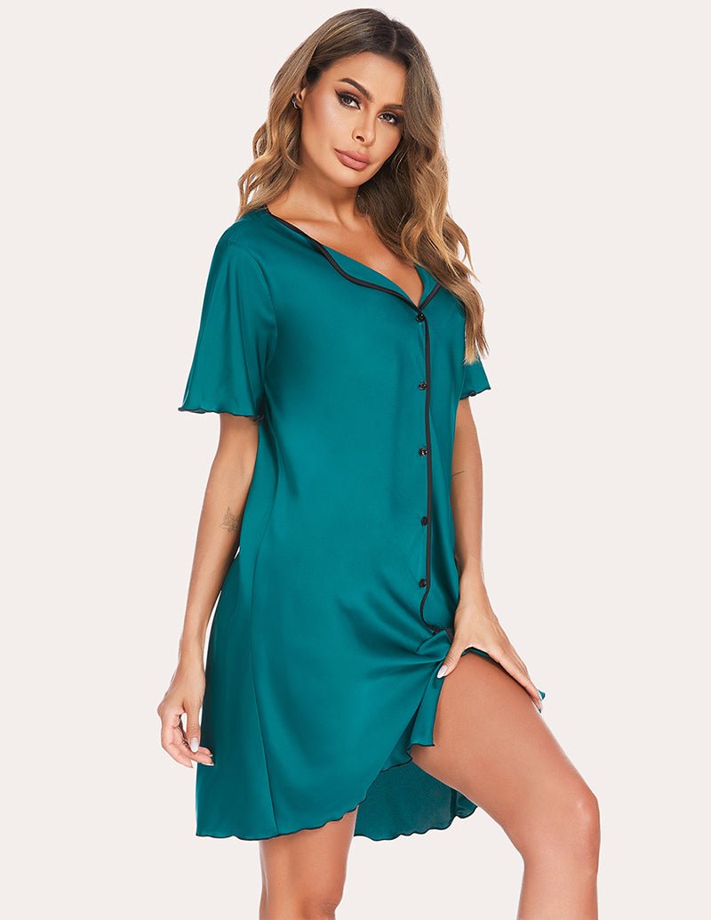 Emerald satin sleep dress with dark piping, V-neck, button-front, side slit hem