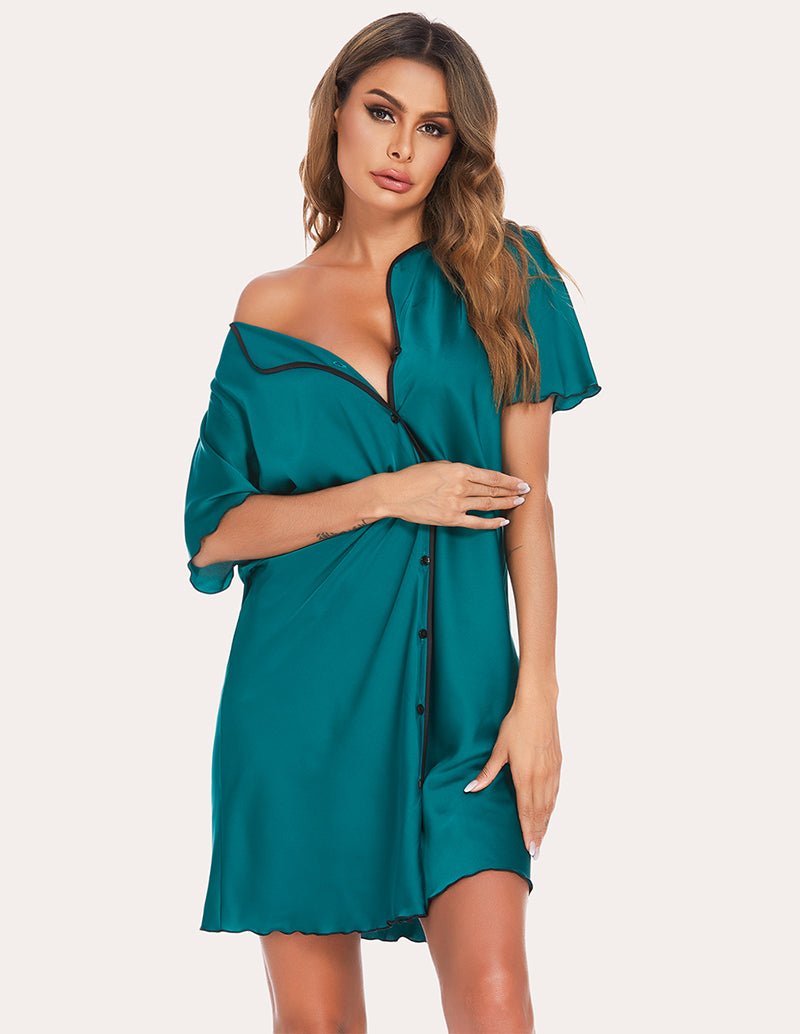 Emerald satin sleep dress with dark piping, V-neck, button-front, short flutter sleeves