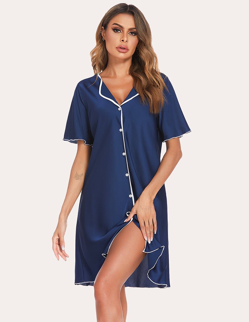 Navy satin sleep dress with contrast piping, V-neck button-front, short sleeves