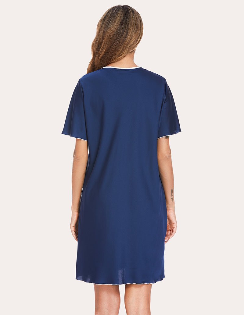 Navy satin sleep dress back view with short sleeves and button-front placket