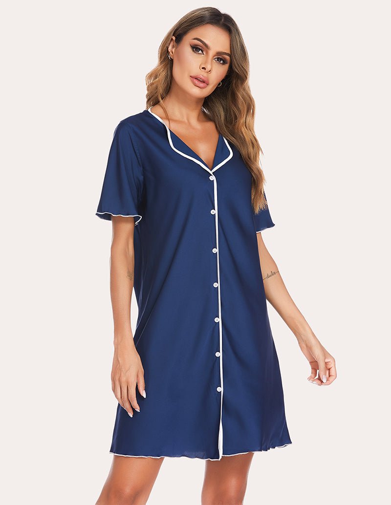 Navy satin sleep dress with contrast piping, V-neck, button-front, scalloped hem