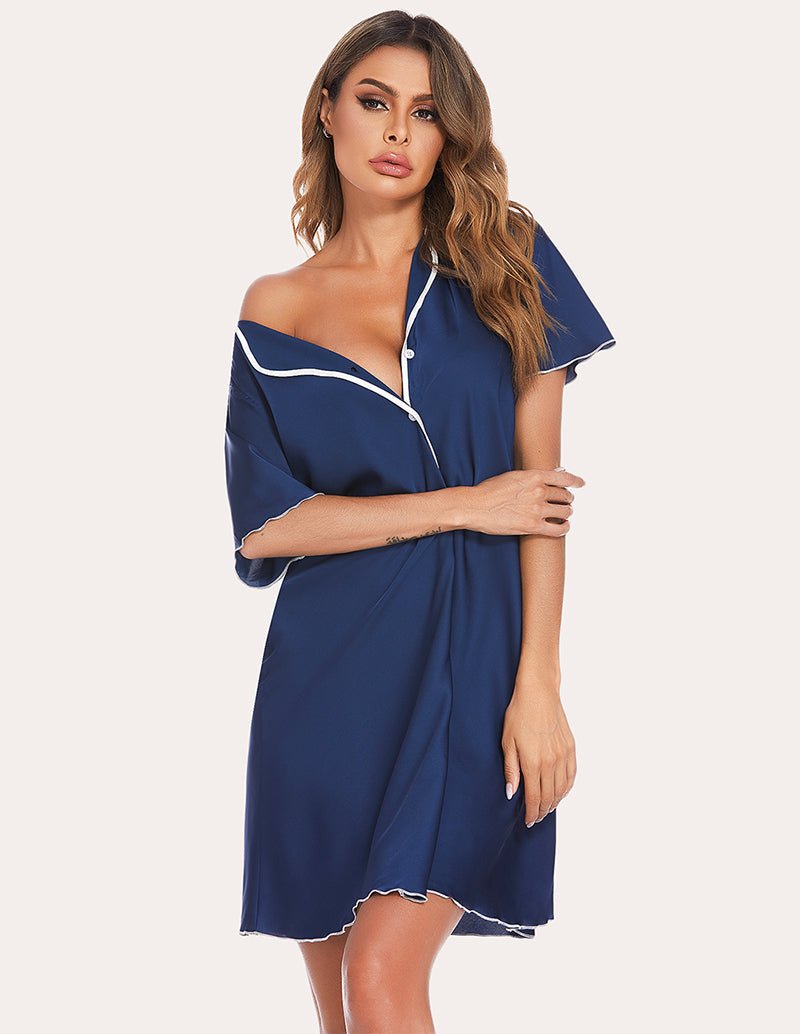 Navy satin sleep dress with contrast piping, V-neck button-front, short sleeves