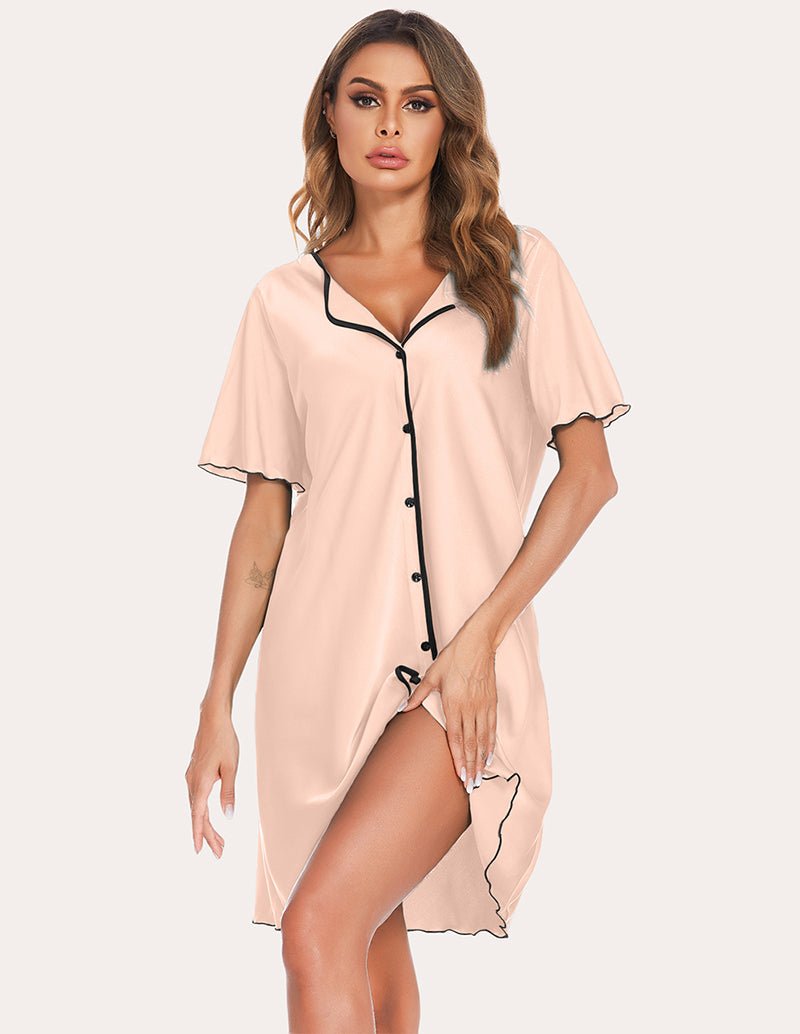 Satin sleep dress, blush pink with V-neck, button front, black piping trim, and side slit