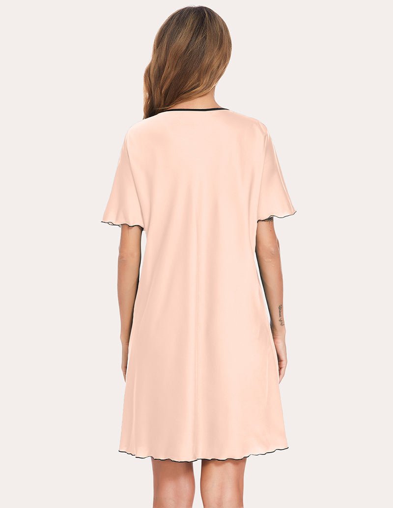Satin sleep dress, blush pink, back view with short sleeves and scalloped hem
