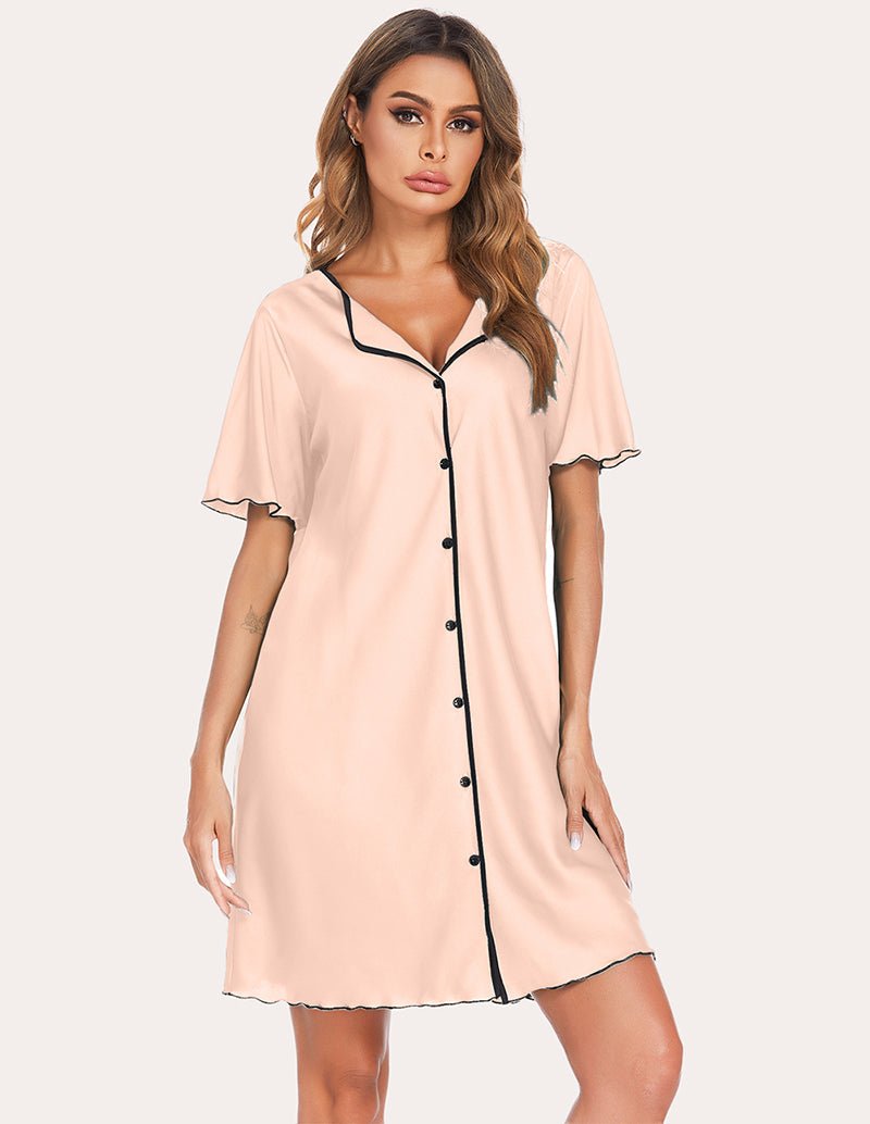 Satin sleep dress in blush pink with V-neck, button front, black contrast piping and short sleeves