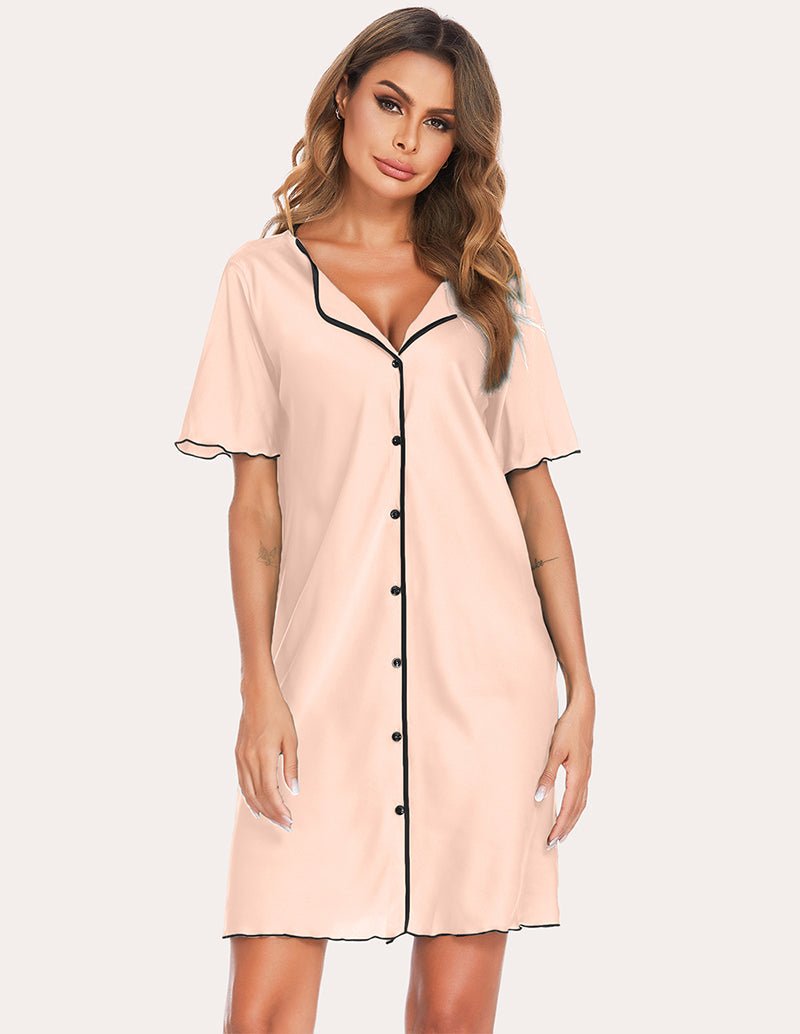 Satin sleep dress, blush pink, V-neck button placket with black contrast piping and short sleeves