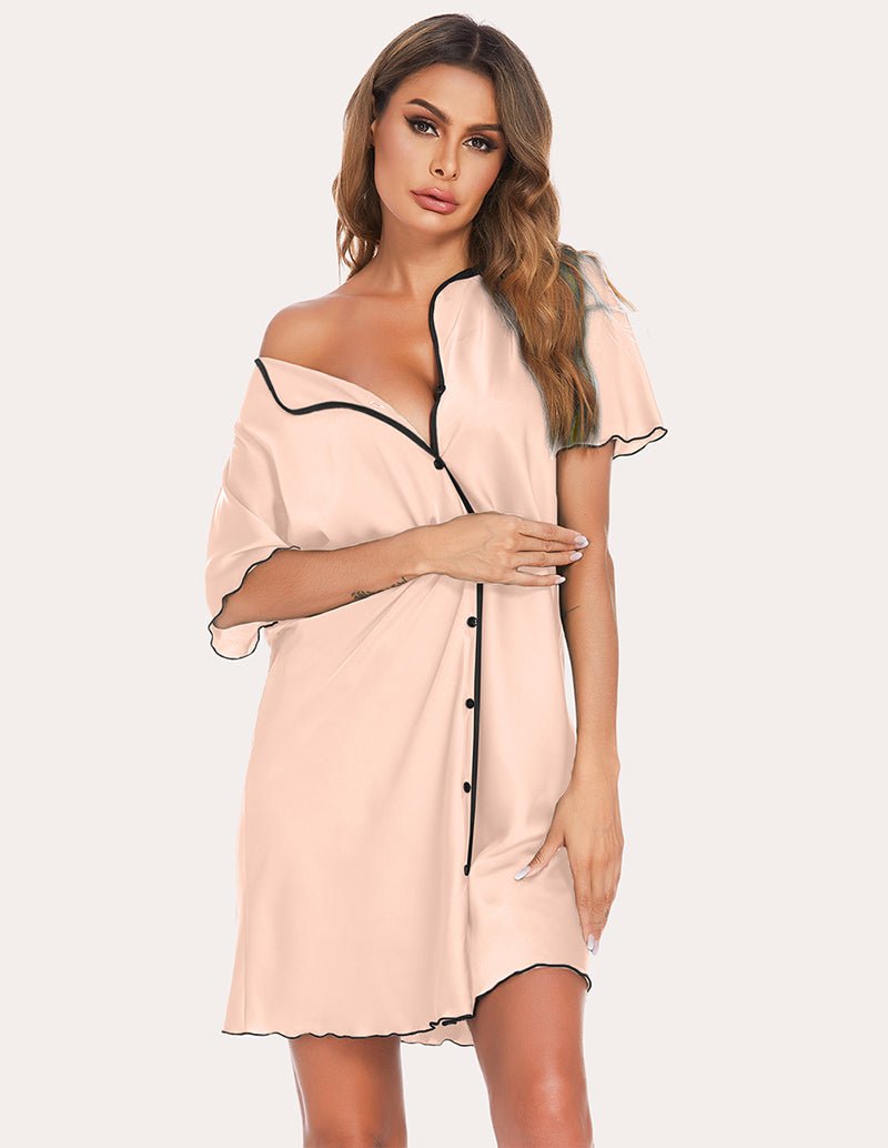 Satin sleep dress, blush pink, V-neck with black trim, button front, relaxed short sleeves