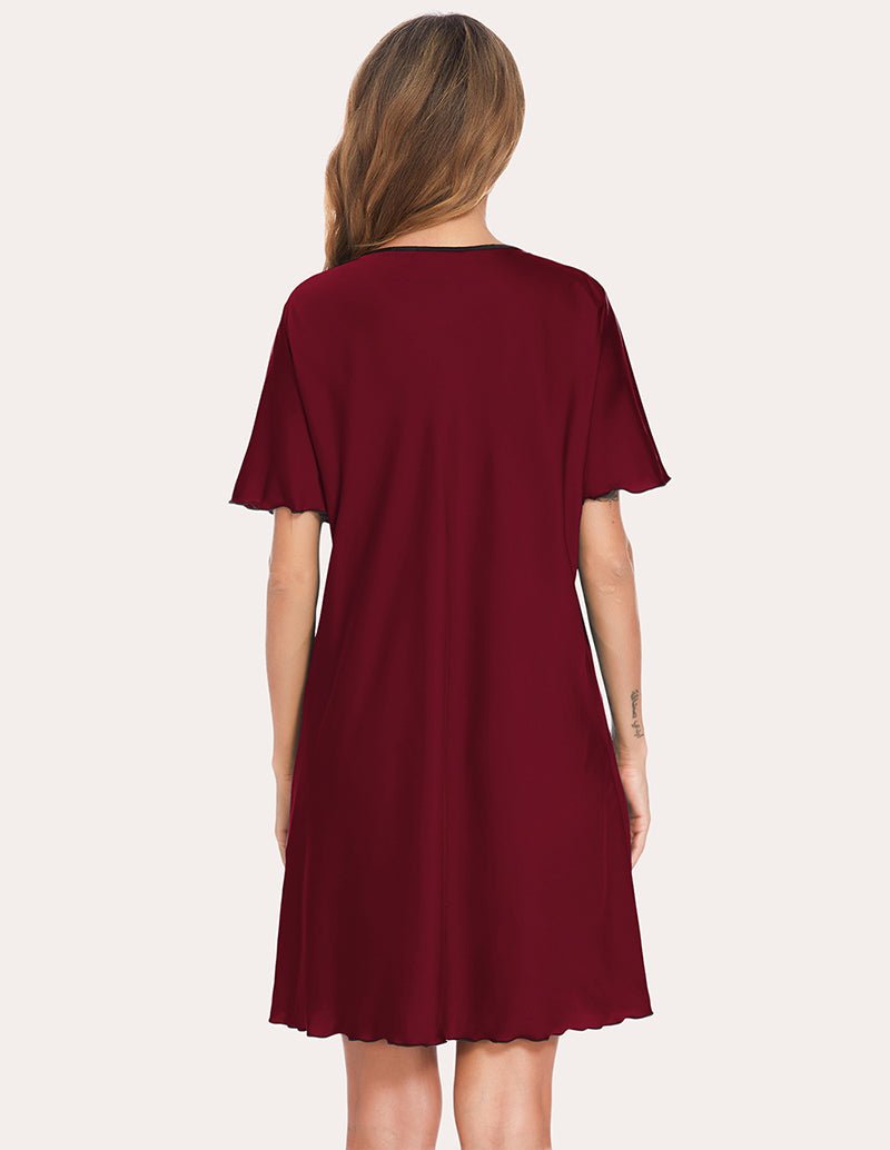 Satin sleep dress, wine red, back view with short sleeves and scalloped hem