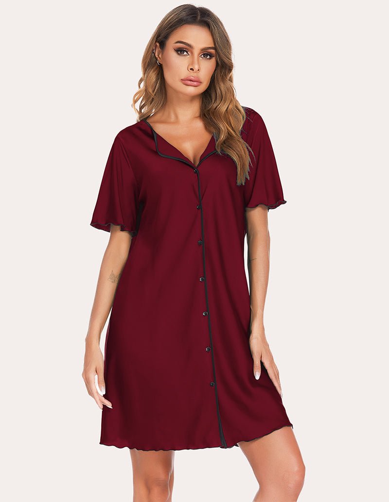 Satin sleep dress in wine red with V-neck, button front, black contrast piping, and short sleeves
