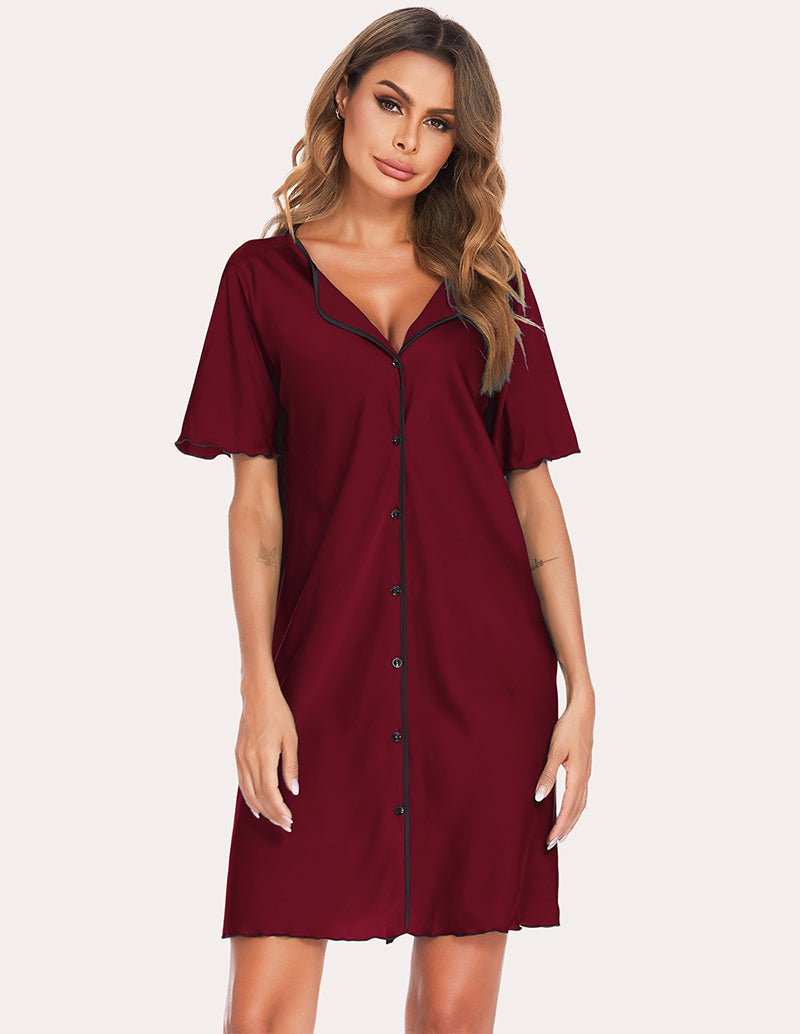 Satin sleep dress in wine red with V-neck button placket, black contrast piping, and short sleeves