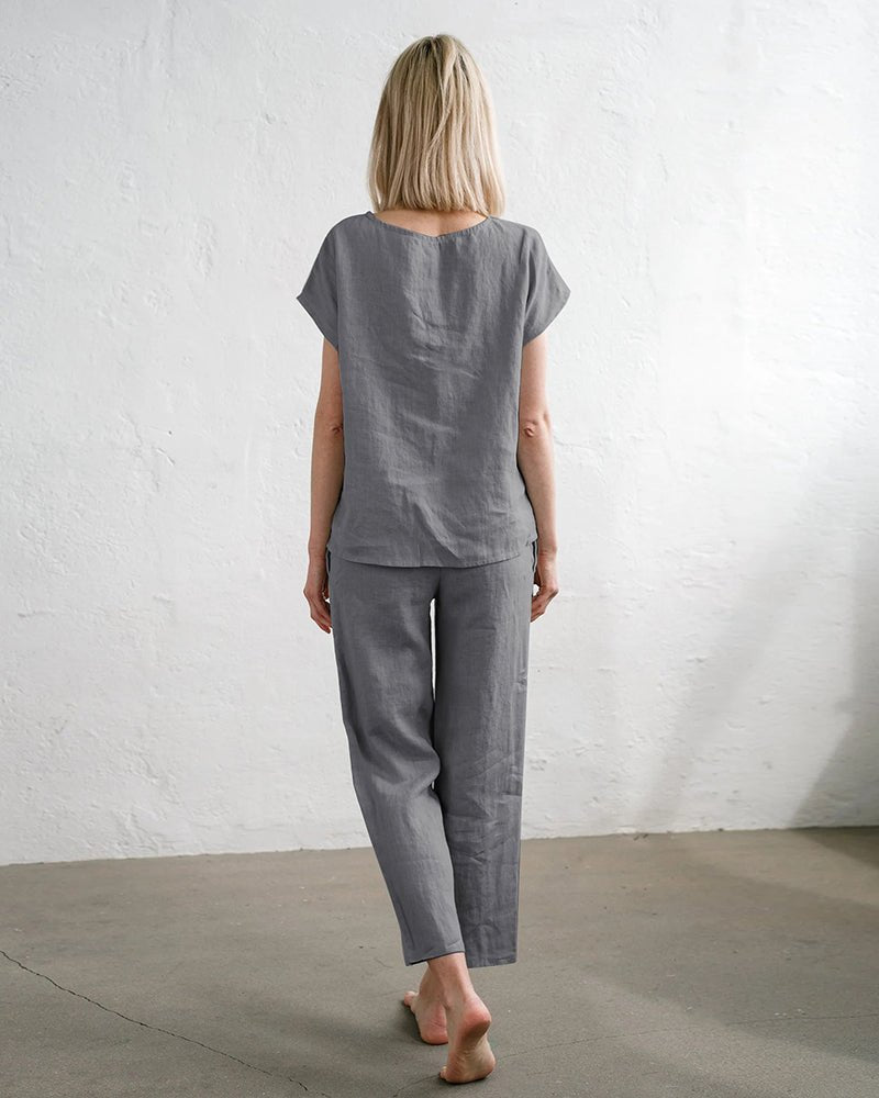 Dark grey cotton-linen two-piece set, short-sleeve top and drawstring ankle pants