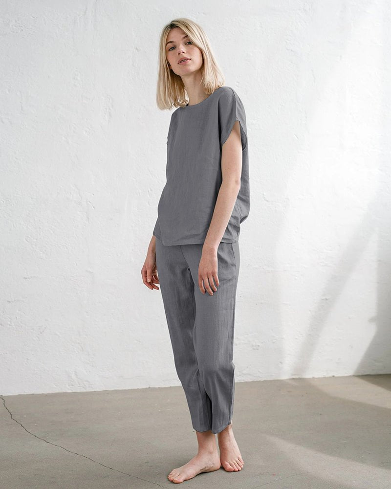 Dark grey cotton-linen two-piece set, crewneck short-sleeve top and tapered drawstring pants