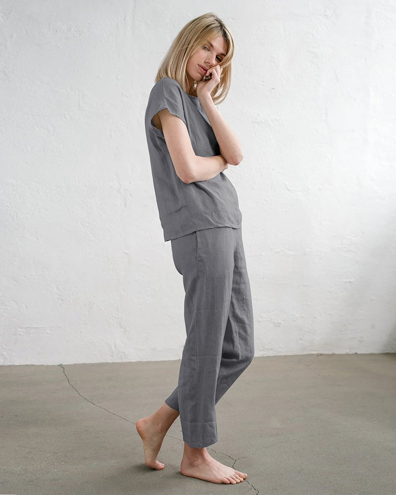 Dark grey cotton-linen two-piece sleepwear set with short sleeves and tied waist pants