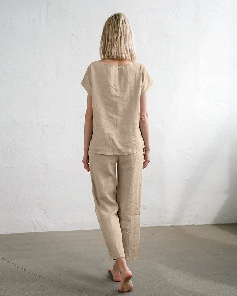 Beige cotton-linen pajama set, short-sleeve top and drawstring pants, back view