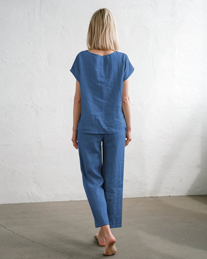 Blue cotton-linen two-piece set with short-sleeve top and drawstring ankle pants