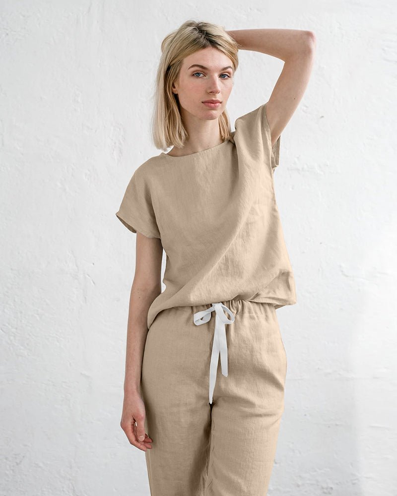 Beige cotton-linen pajama set, short-sleeve top and drawstring pants, front view
