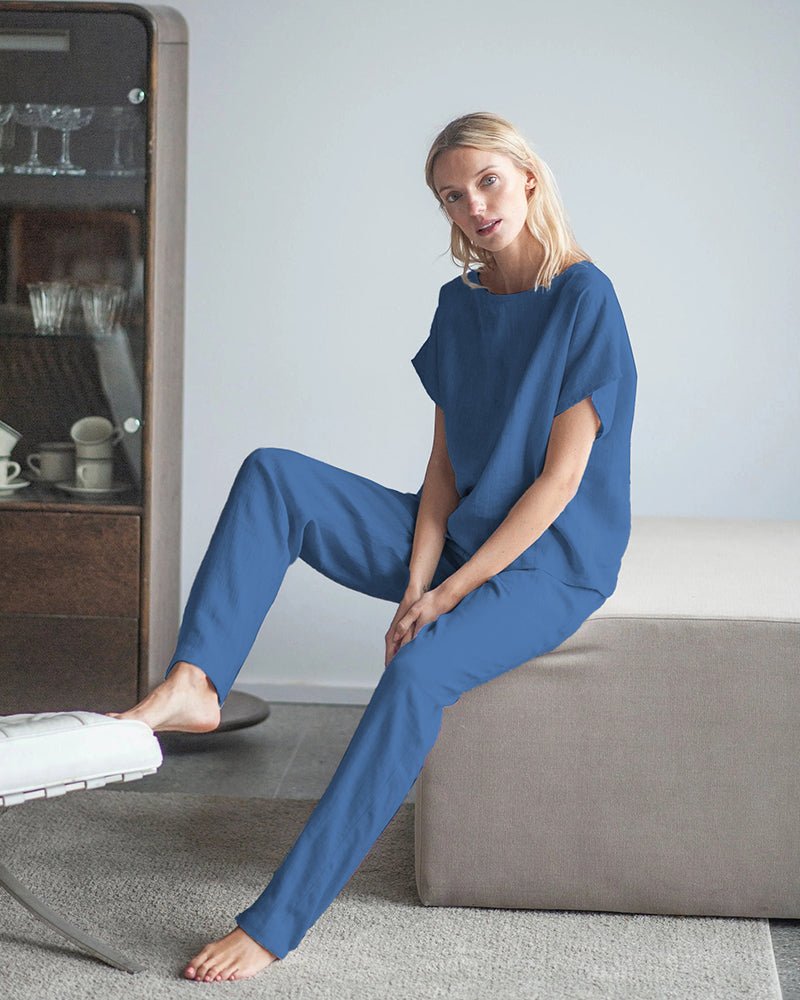 Blue cotton-linen loungewear set with short-sleeve top and drawstring lounge pants