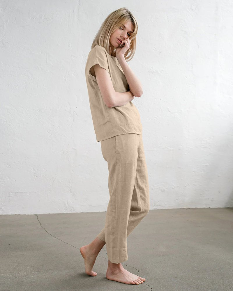 Beige cotton-linen pajama set, short-sleeve top and drawstring pants, side view