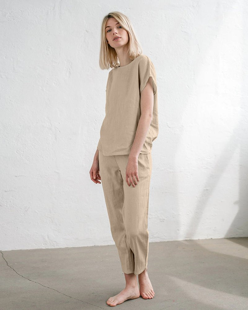 Beige cotton-linen pajama set, short-sleeve top and drawstring pants, full-body view