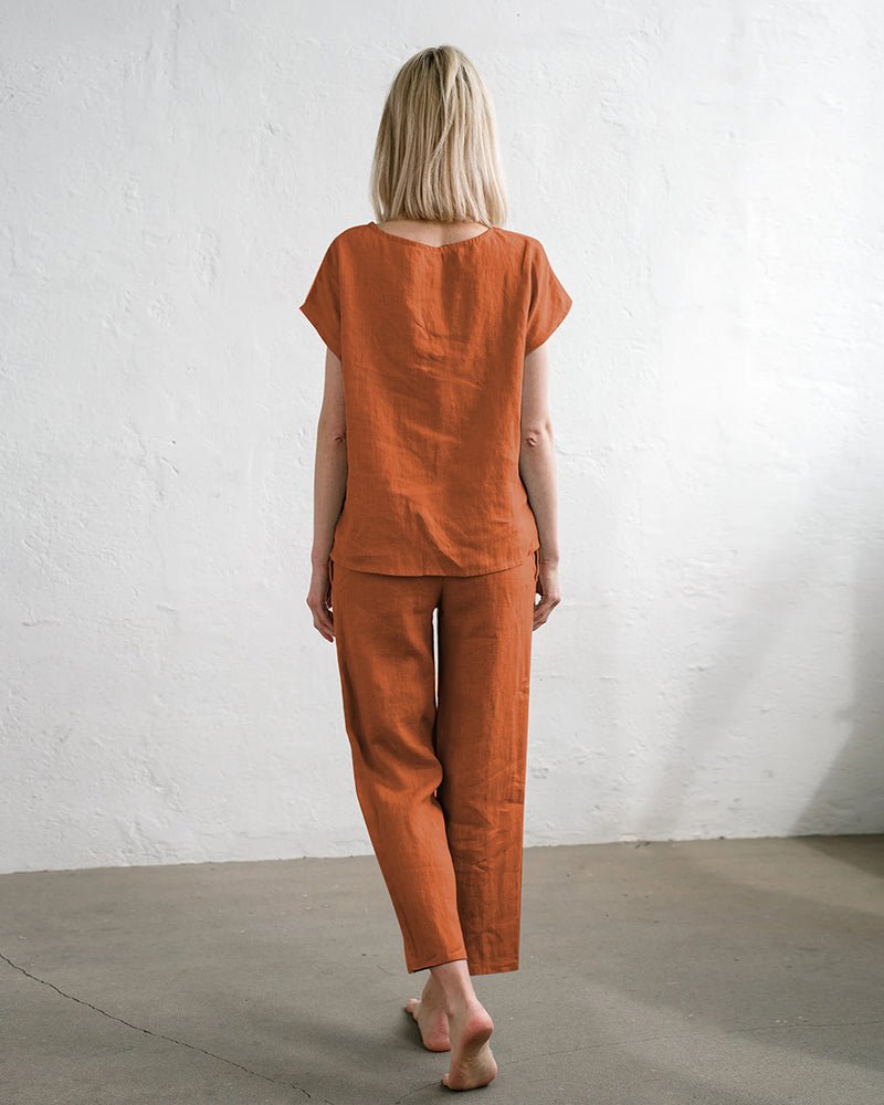 Orange cotton-linen pajama set, short-sleeve top and drawstring pants, back view