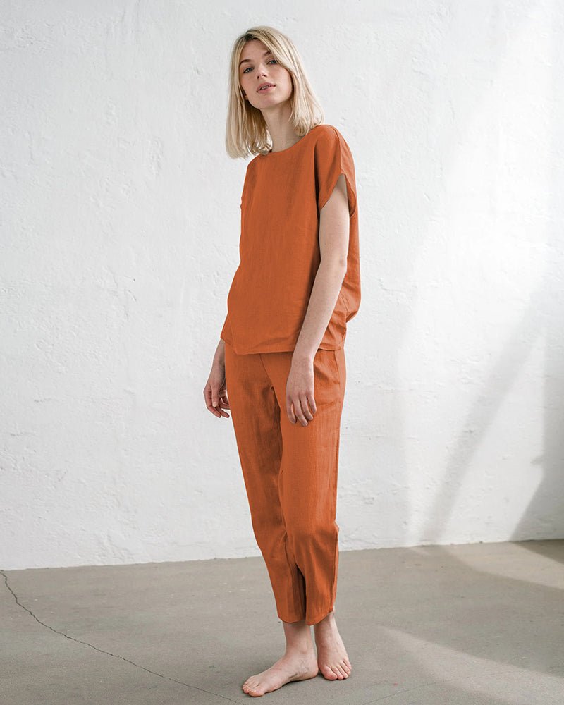 Orange cotton-linen pajama set, short-sleeve top and drawstring pants, full-body view