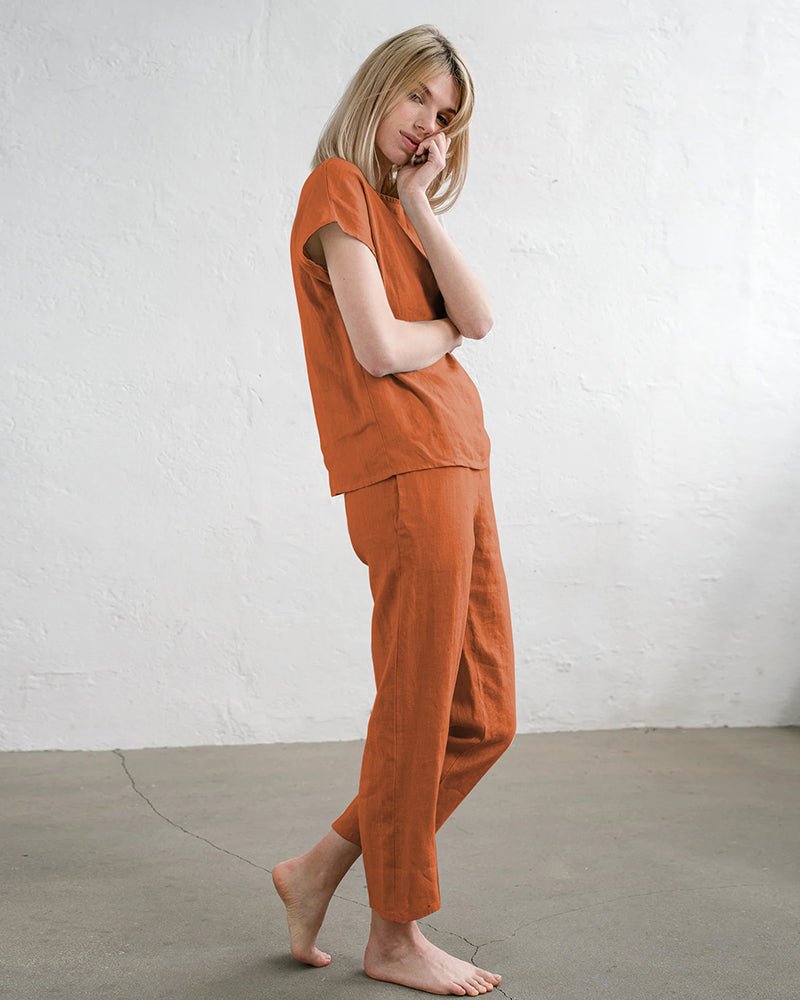 Orange cotton-linen pajama set, short-sleeve top and drawstring pants, side view