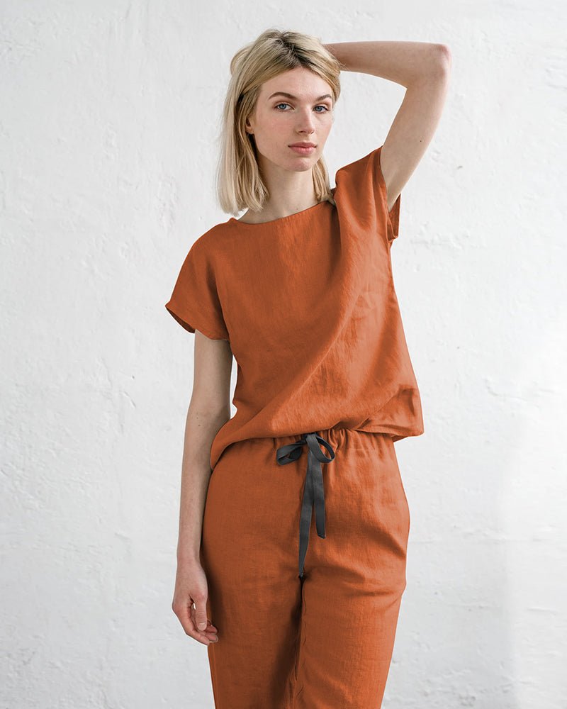 Orange cotton-linen pajama set, short-sleeve top and drawstring pants, front view