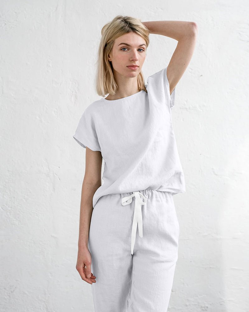 White 2-piece pajama set with short-sleeve tee and drawstring pajama pants