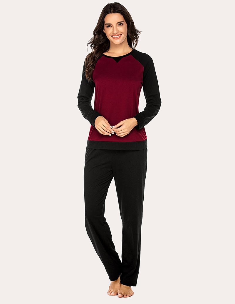 Women’s cotton pajama set with wine-red raglan top and black drawstring pajama pants