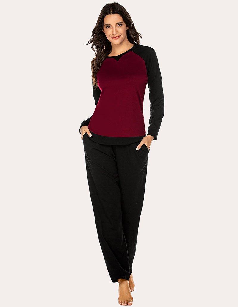 Women’s cotton pajama set: long-sleeve V-neck top with black pants and elastic waist