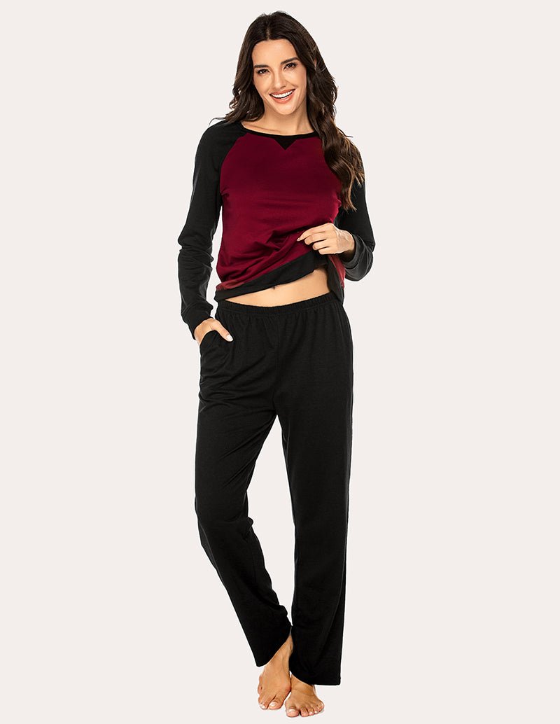 Women’s cotton pajama set with wine-red long-sleeve top and black jogger-style pants