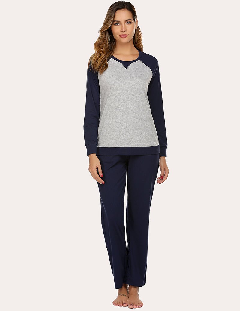 Women’s cotton pajama set in navy: long-sleeve raglan top and straight-leg pajama pants
