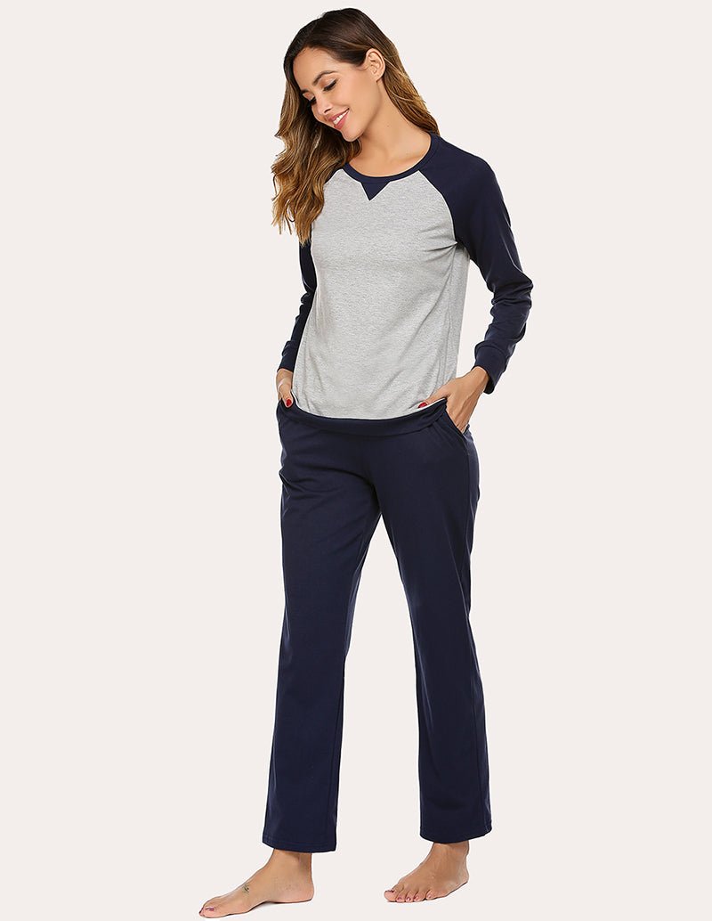 Women’s cotton pajama set in navy with heather-gray raglan top and straight-leg pajama pants