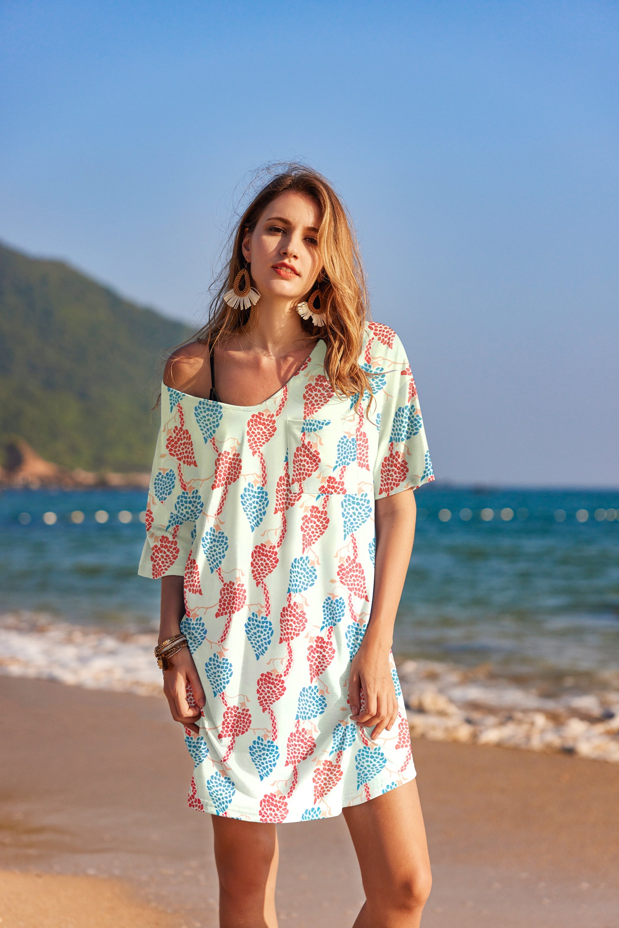 Cotton v-neck nightgown with short sleeves, white with aqua and pink floral print