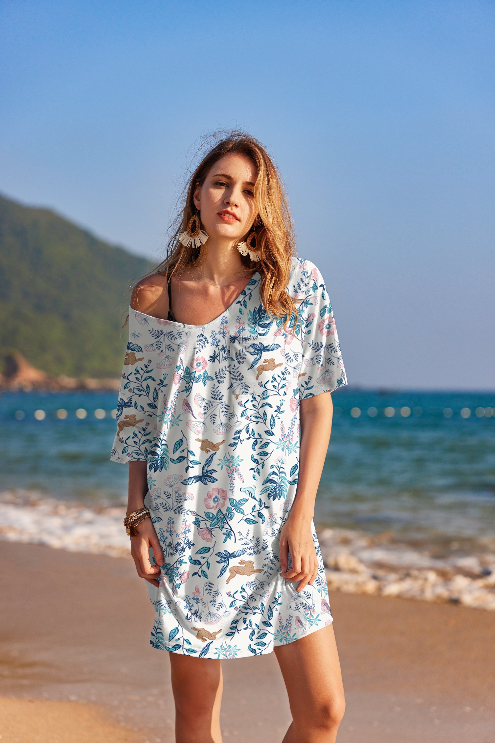 Cotton v-neck nightgown with short sleeves, light blue botanical floral print
