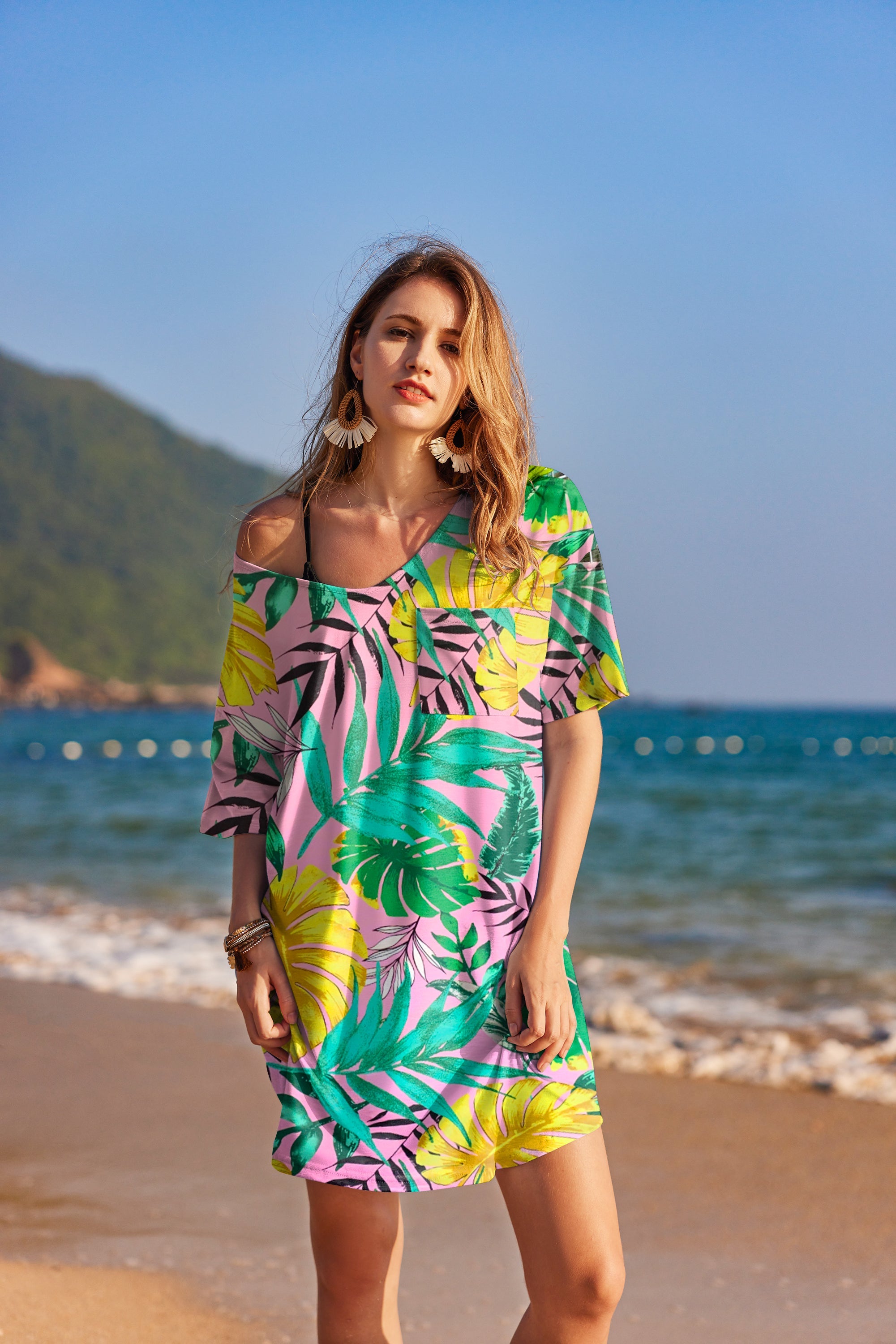 Cotton v-neck nightgown with short sleeves, purple and green tropical leaf print