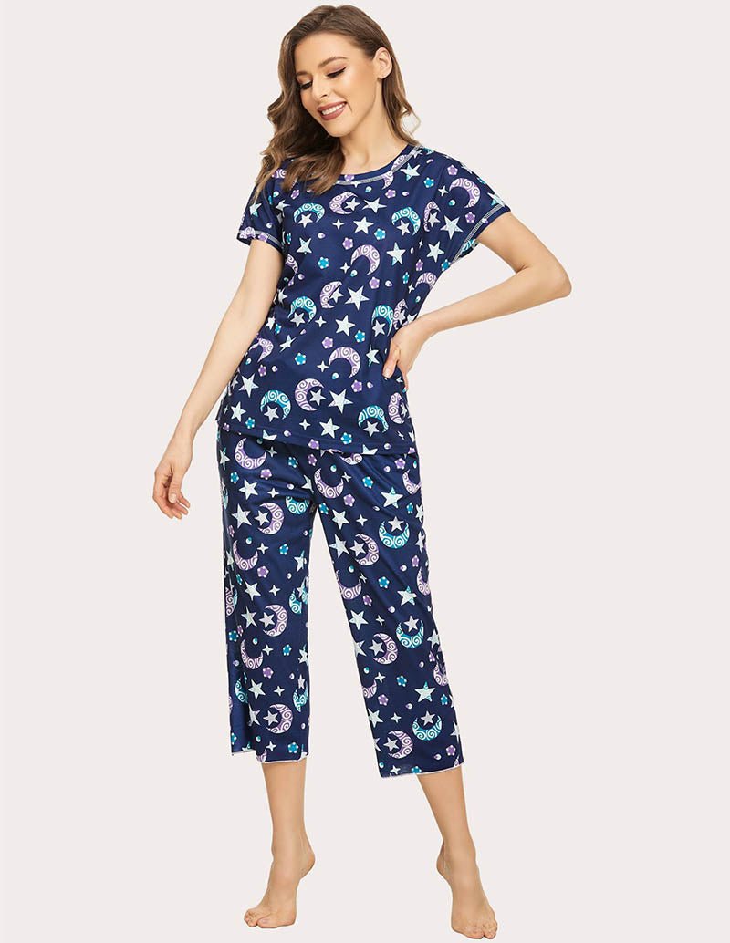 Navy blue star and moon print cropped pajama set with round neckline and capri pants