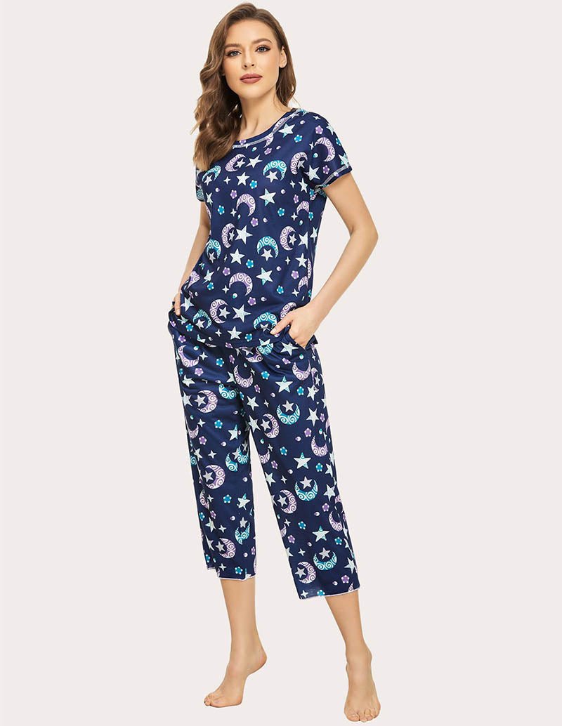 Navy blue star and moon print cropped pajama set with short sleeves and capri pants