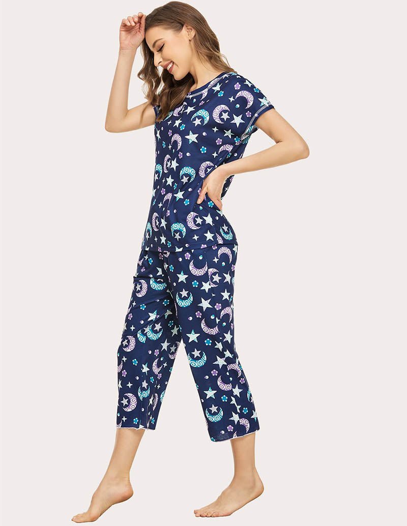 Navy blue star and moon print cropped pajama set, short sleeves with relaxed capri legs