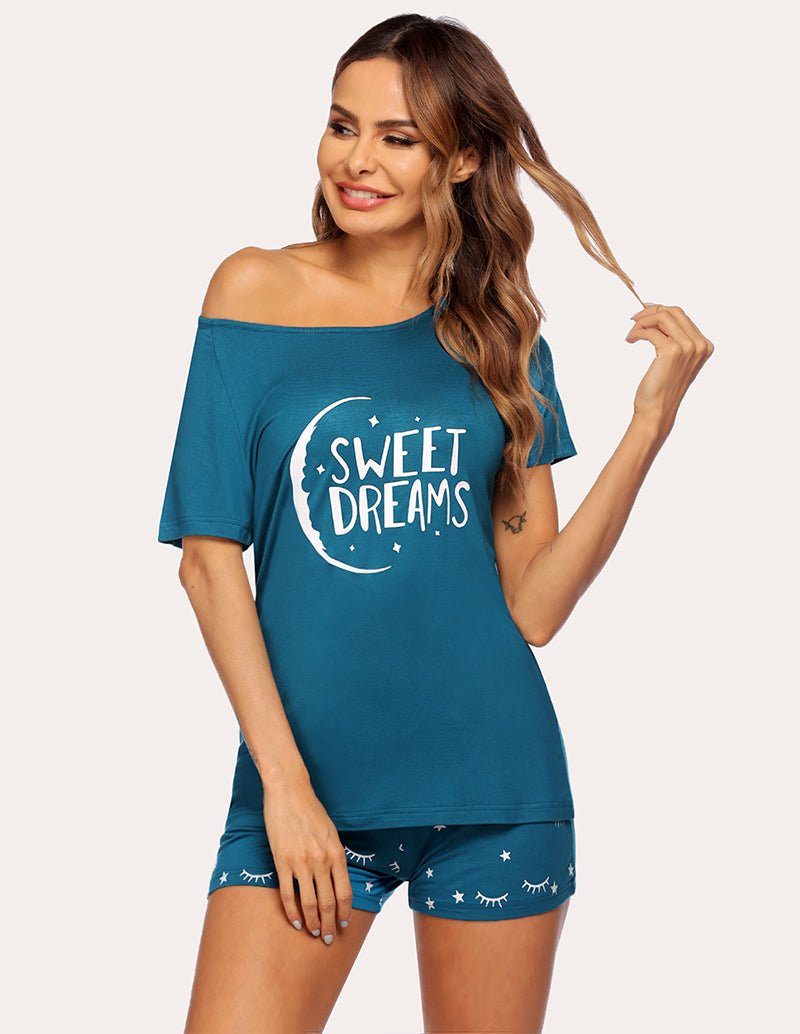 Women's peacock blue pajama set with 'Sweet Dreams' print and matching patterned shorts
