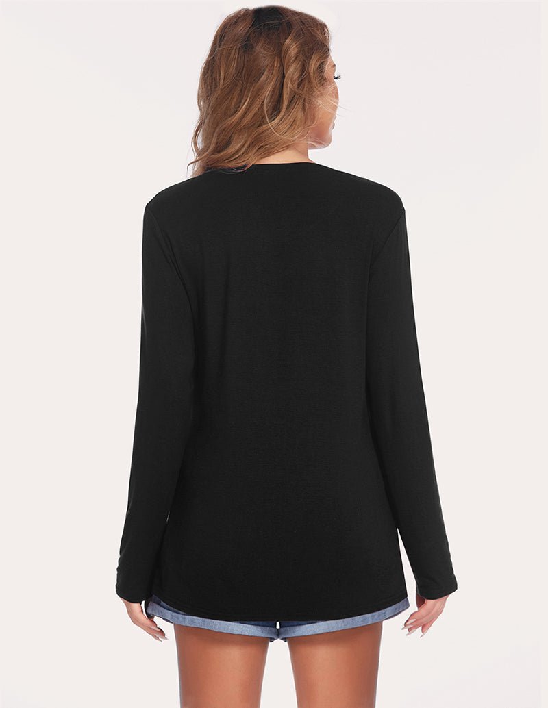 Black long-sleeve maternity shirt with scoop neck, plain back