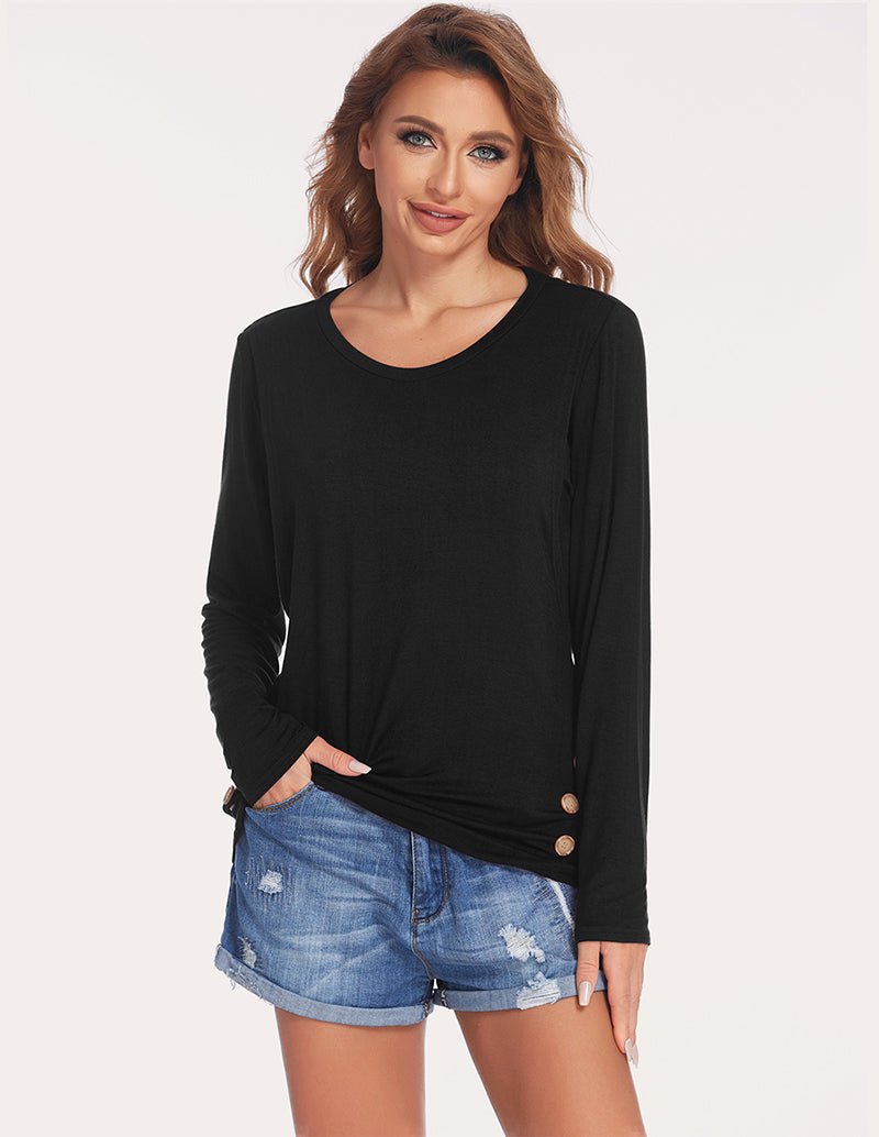 Black double-layer maternity shirt with long sleeves and scoop neck, button cuffs