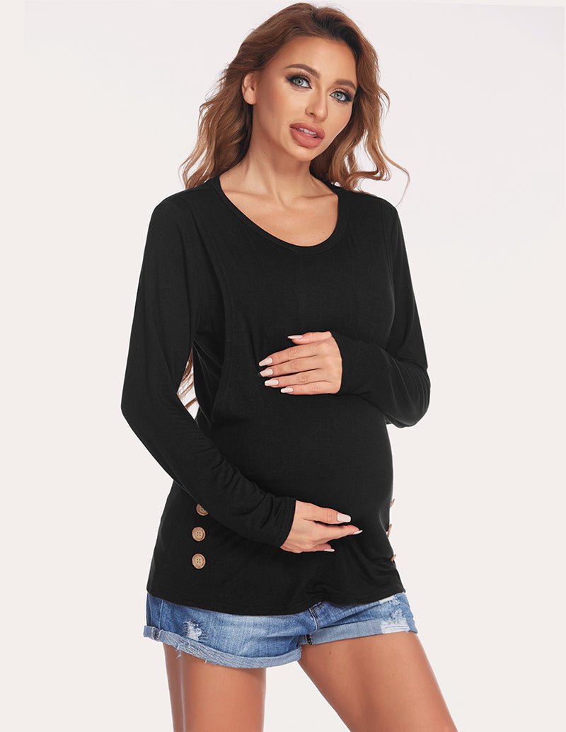 Black maternity double-layer long-sleeve shirt with small button detail at hem