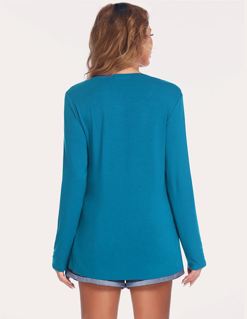 Teal maternity double-layer long-sleeve shirt with back crew neckline