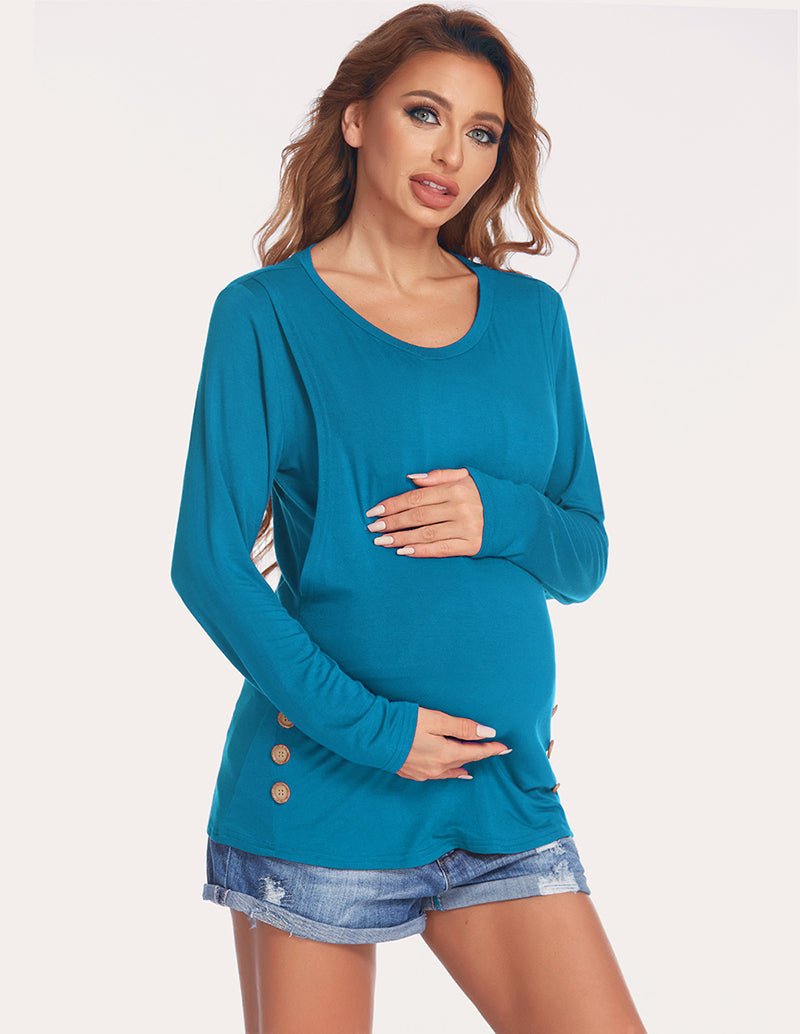 Teal maternity double-layer long-sleeve shirt with small buttons at side hem