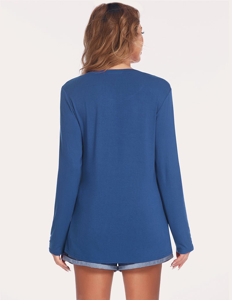 Maternity double-layer long-sleeve shirt, blue, full back view, side button detail